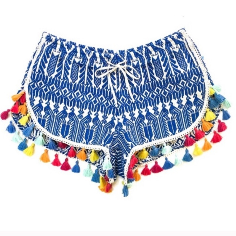 🎬JUDITH MARCH size M GUC Bohemian Blue and White Tassel Shorts